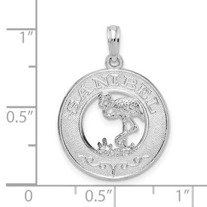 Sterling Silver De-Ani Rhodium-Plated Polished Sanibel Circle With Flamingo Pendant