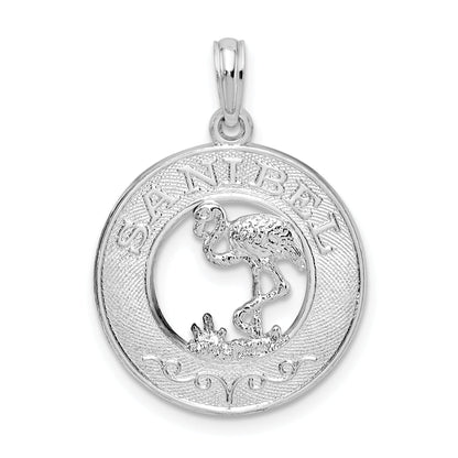 Sterling Silver De-Ani Rhodium-Plated Polished Sanibel Circle With Flamingo Pendant