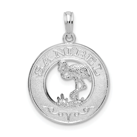 Sterling Silver De-Ani Rhodium-Plated Polished Sanibel Circle With Flamingo Pendant