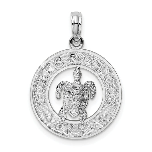 Sterling Silver De-Ani Rhodium-Plated Turks And Caicos Circle With Turtle Pendant