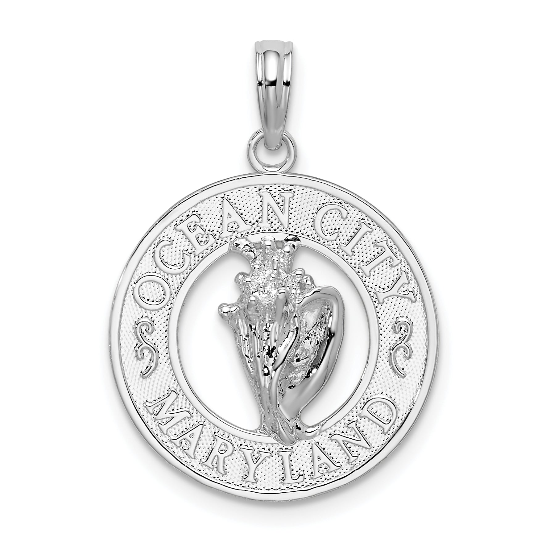 Sterling Silver De-Ani Rhodium-Plated Ocean City Maryland Circle With Shell Pendant