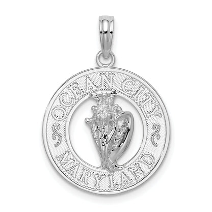 Sterling Silver De-Ani Rhodium-Plated Ocean City Maryland Circle With Shell Pendant
