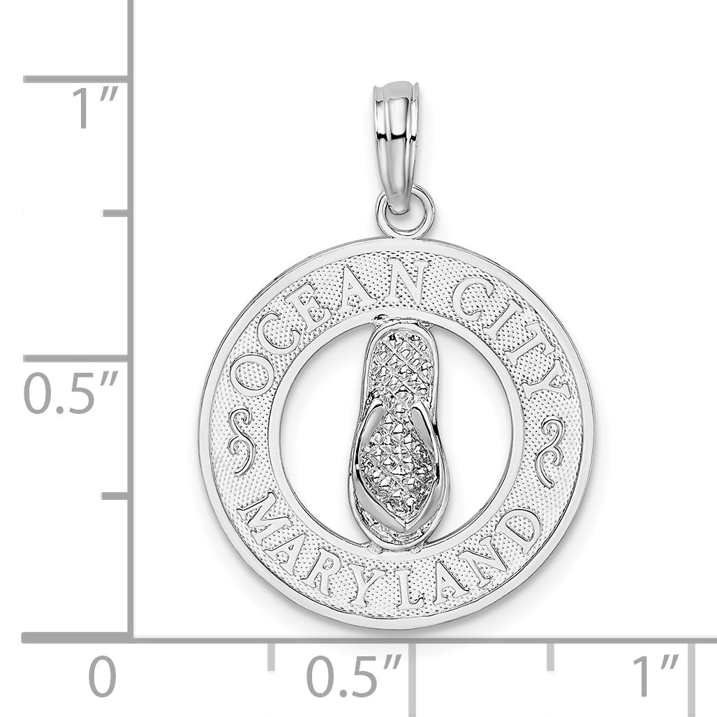 Sterling Silver De-Ani Rhodium-Plated Ocean City Maryland Circle With Flip-Flop Pendant
