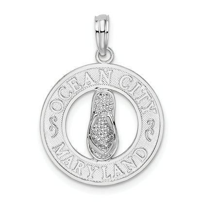 Sterling Silver De-Ani Rhodium-Plated Ocean City Maryland Circle With Flip-Flop Pendant