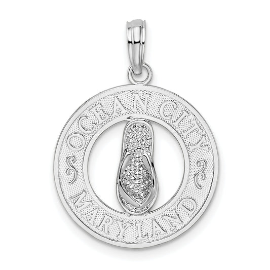 Sterling Silver De-Ani Rhodium-Plated Ocean City Maryland Circle With Flip-Flop Pendant
