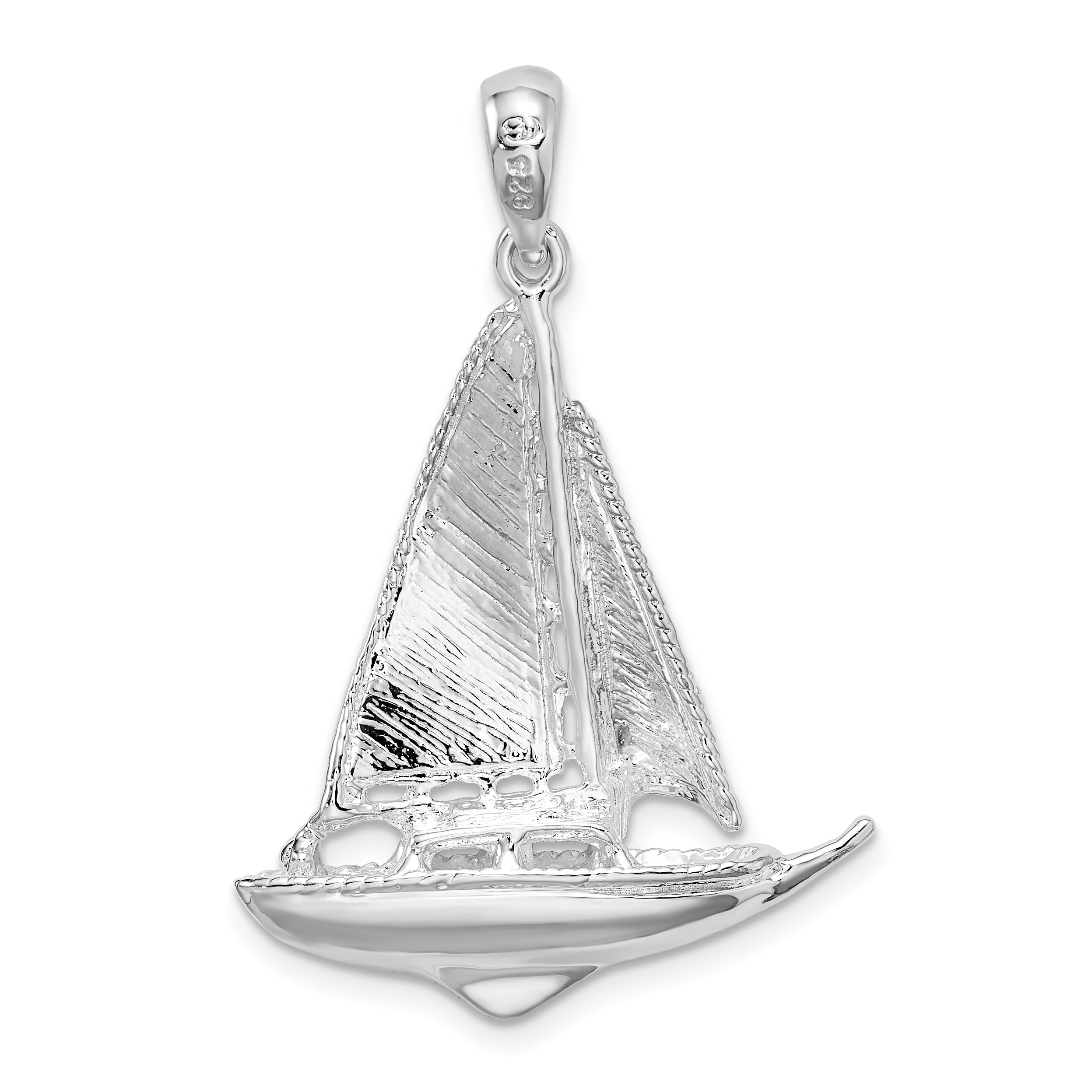 Sterling Silver De-Ani Rhodium-Plated Polished 3D Sailboat Pendant