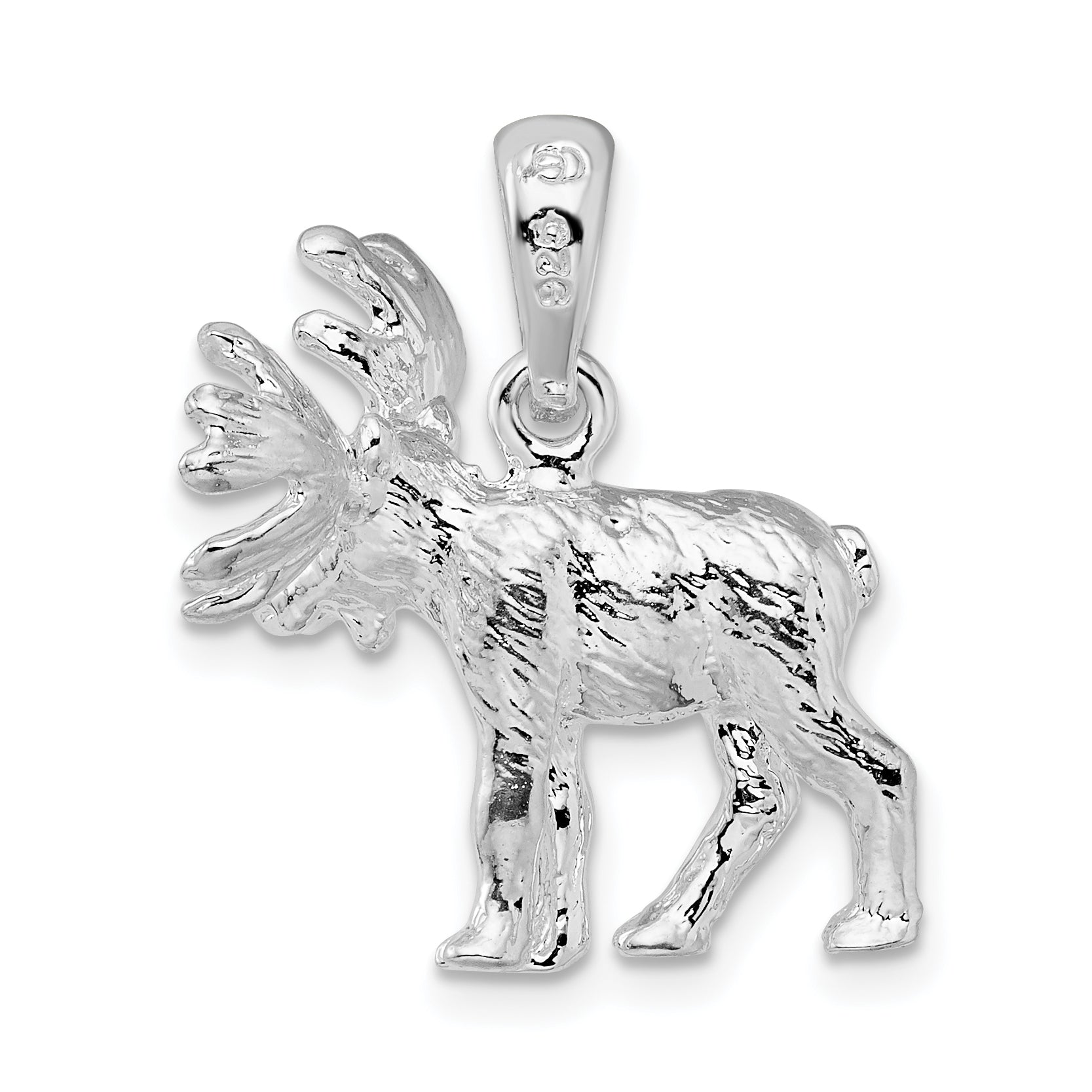 Sterling Silver De-Ani Rhodium-Plated Textured 3D Standing Moose Pendant