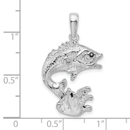 Sterling Silver De-Ani Rhodium-Plated Polished Jumping Bass Fish Pendant