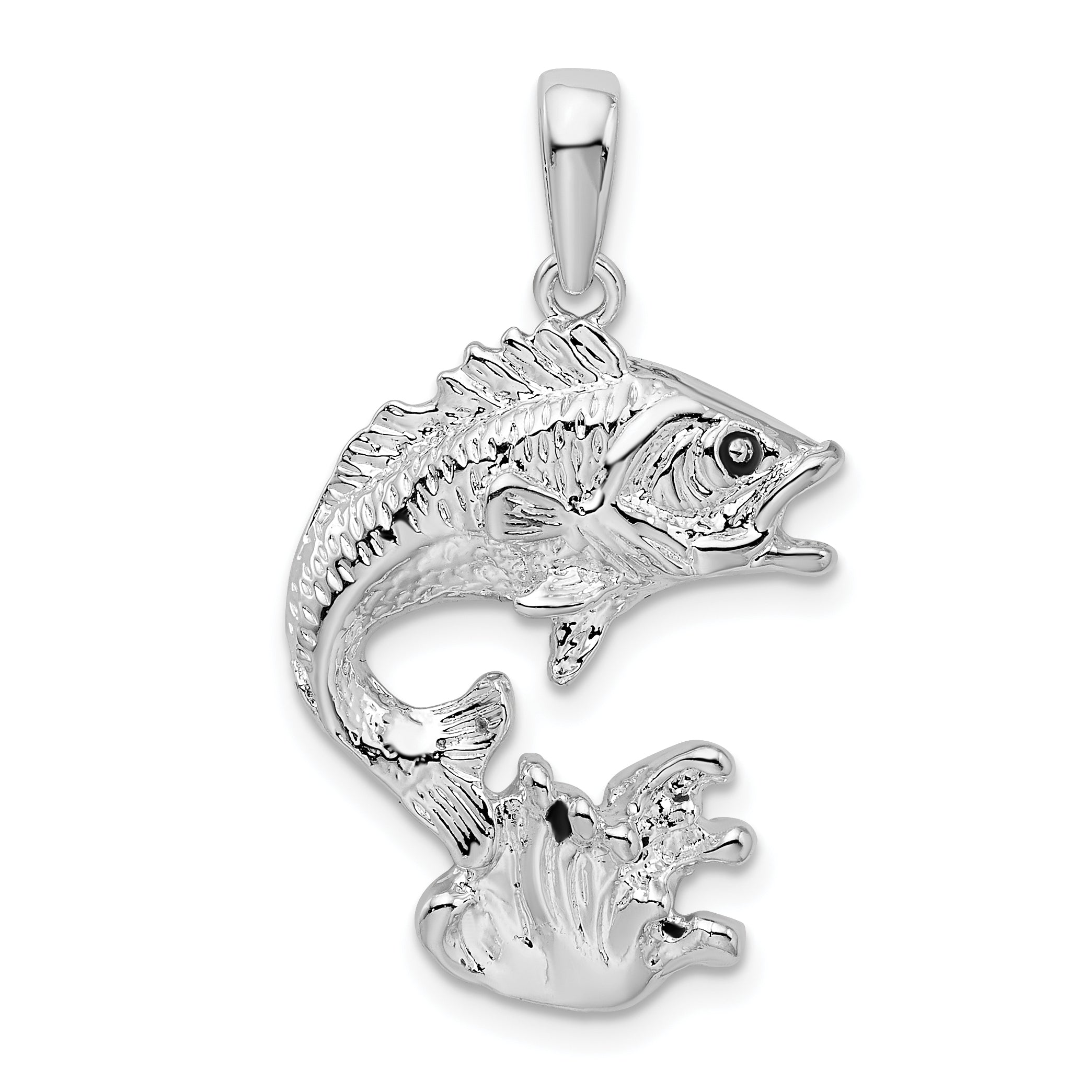 Sterling Silver De-Ani Rhodium-Plated Polished Jumping Bass Fish Pendant