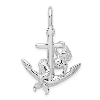 Sterling Silver De-Ani Rhodium-Plated Polished 3D Anchor With Mermaid Pendant