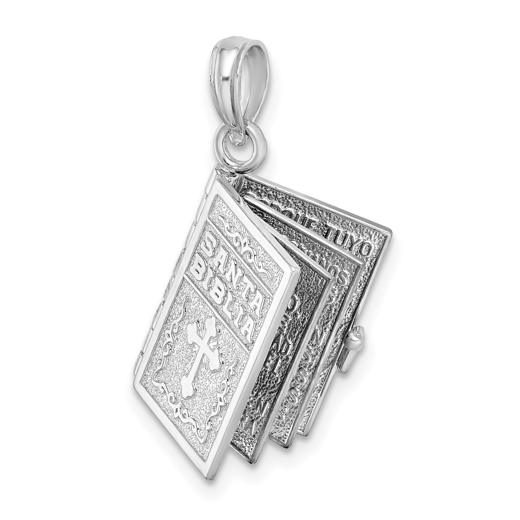 Sterling Silver De-Ani Rhodium-Plated Moveable 3D Spanish Santa Biblia Pendant