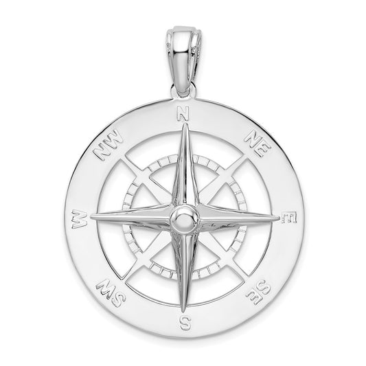 Sterling Silver De-Ani Rhodium-Plated Polished Large Nautical Compass Pendant