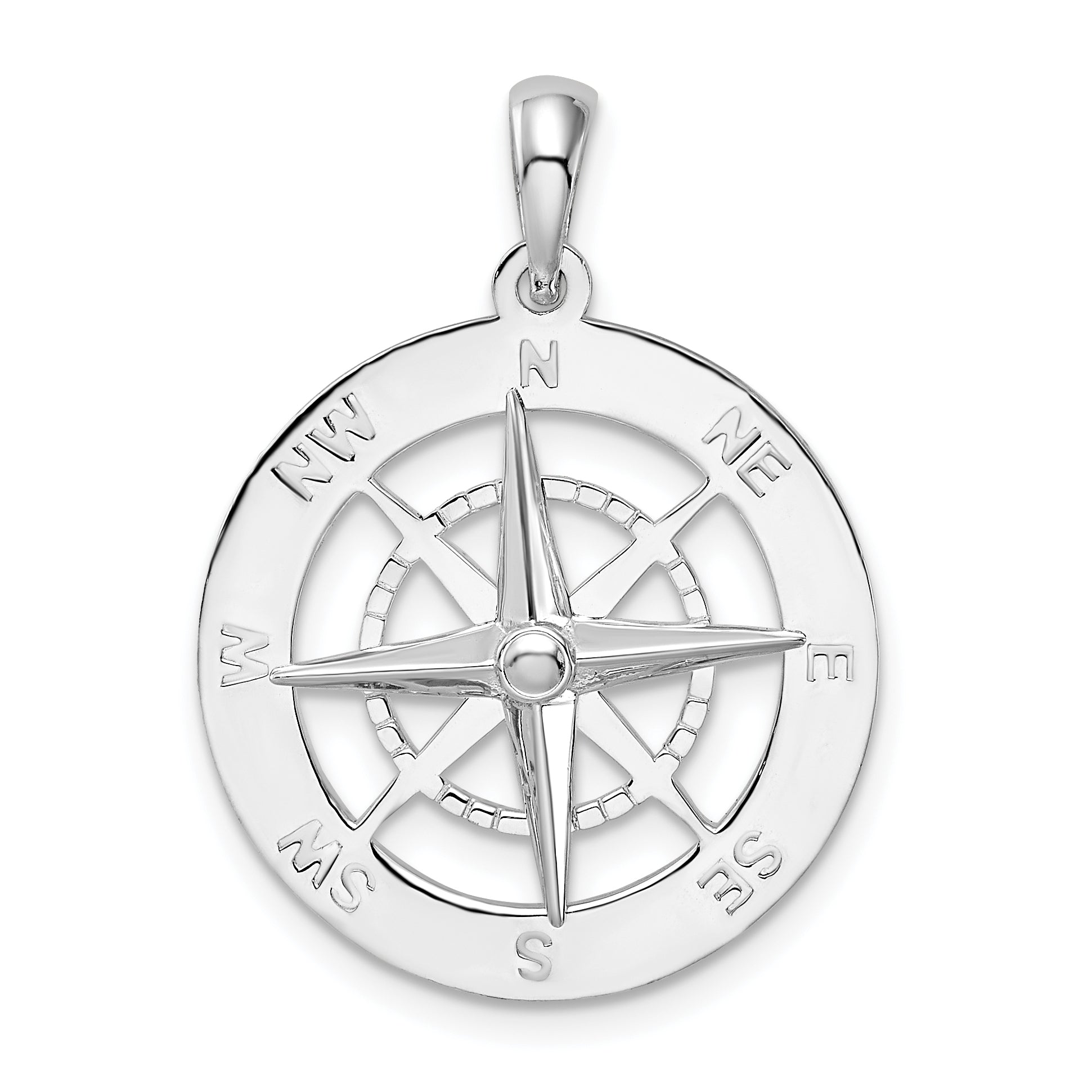 Sterling Silver De-Ani Rhodium-Plated Polished Nautical Compass Pendant