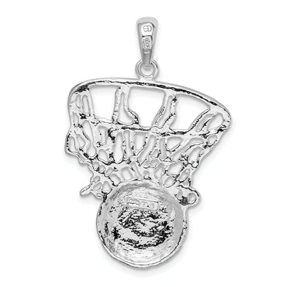Sterling Silver De-Ani Rhodium-Plated Polished Basketball In Net Pendant