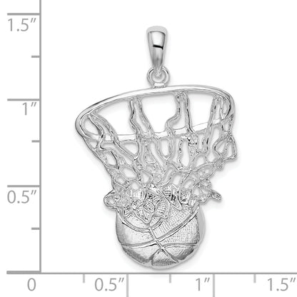 Sterling Silver De-Ani Rhodium-Plated Polished Basketball In Net Pendant