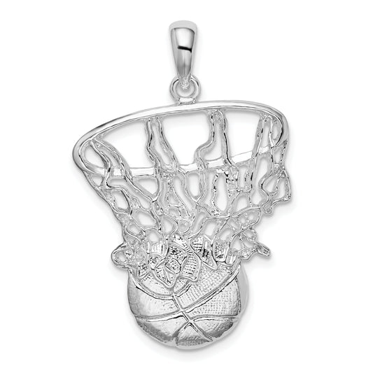 Sterling Silver De-Ani Rhodium-Plated Polished Basketball In Net Pendant