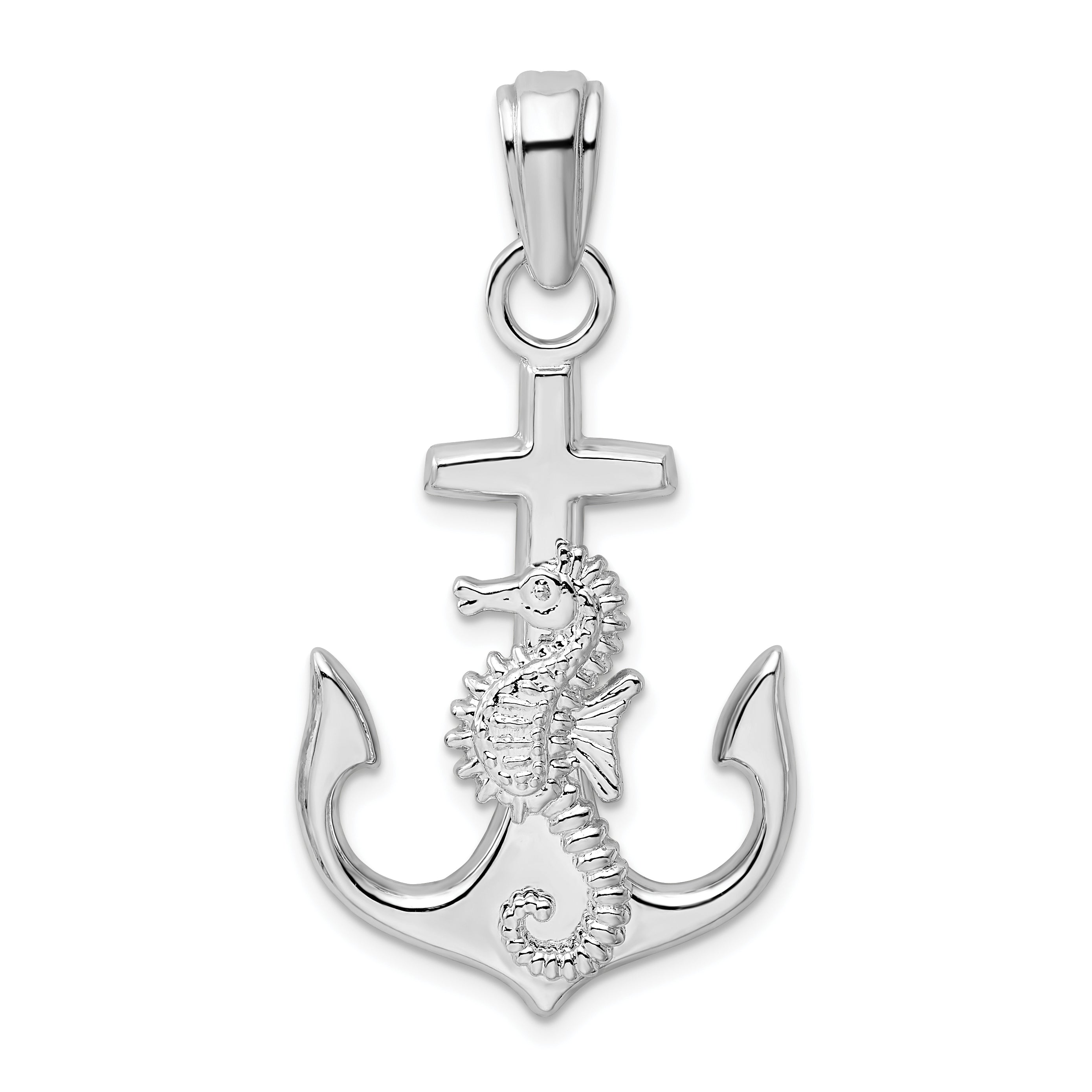 Sterling Silver De-Ani Rhodium-Plated Polished Anchor With Seahorse Pendant