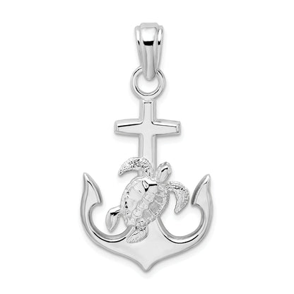 Sterling Silver De-Ani Rhodium-Plated Polished Anchor With Sea Turtle Pendant