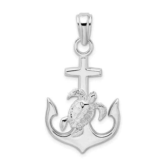 Sterling Silver De-Ani Rhodium-Plated Polished Anchor With Sea Turtle Pendant