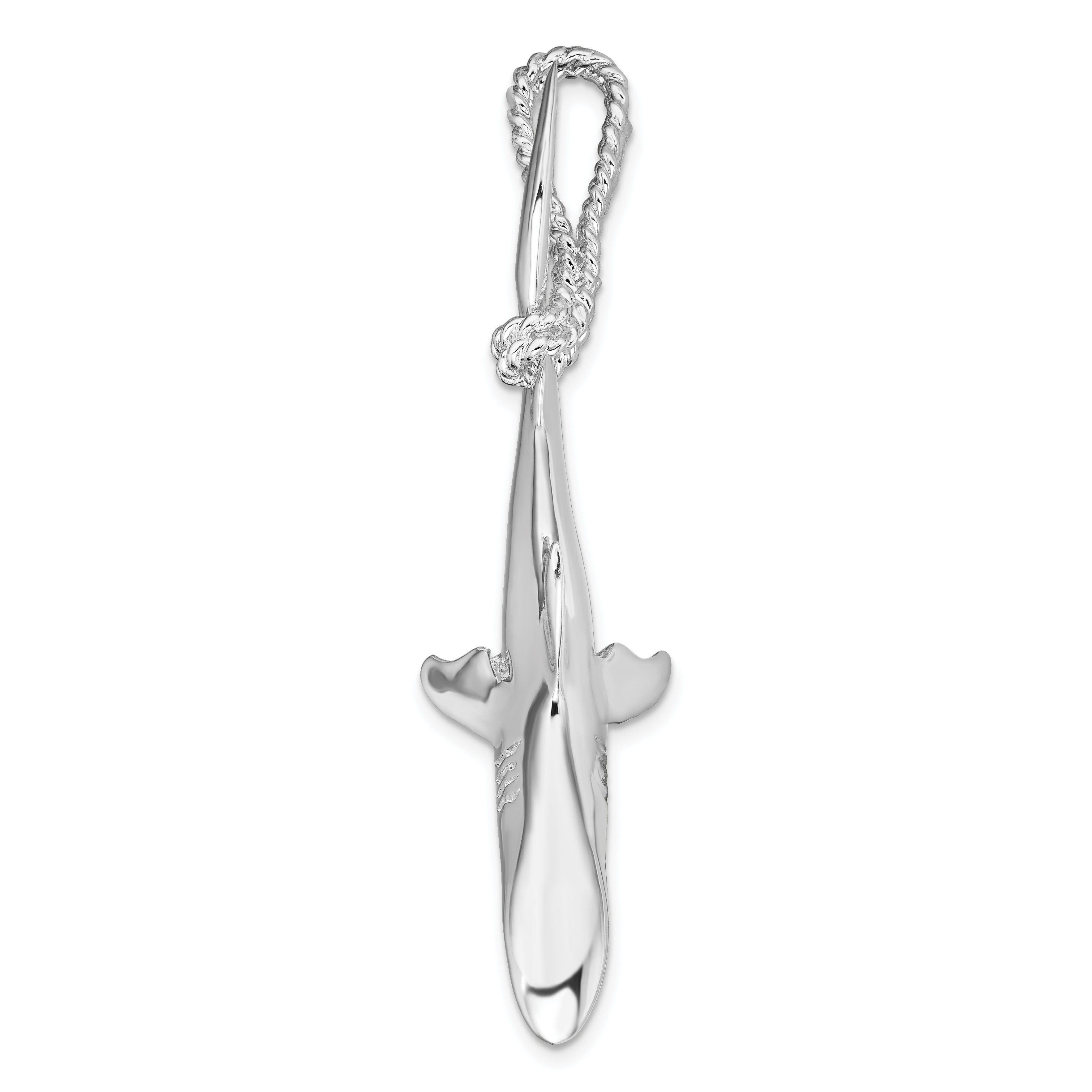 Sterling Silver De-Ani Rhodium-Plated Polished 3D Shark Hanging From Rope Pendant