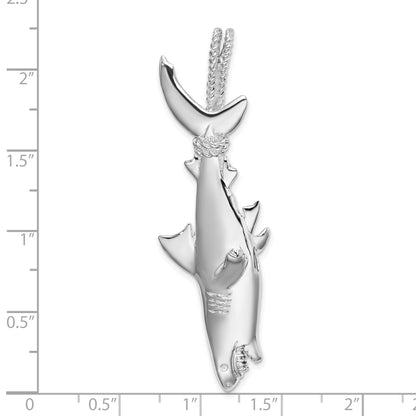 Sterling Silver De-Ani Rhodium-Plated Polished 3D Shark Hanging From Rope Pendant