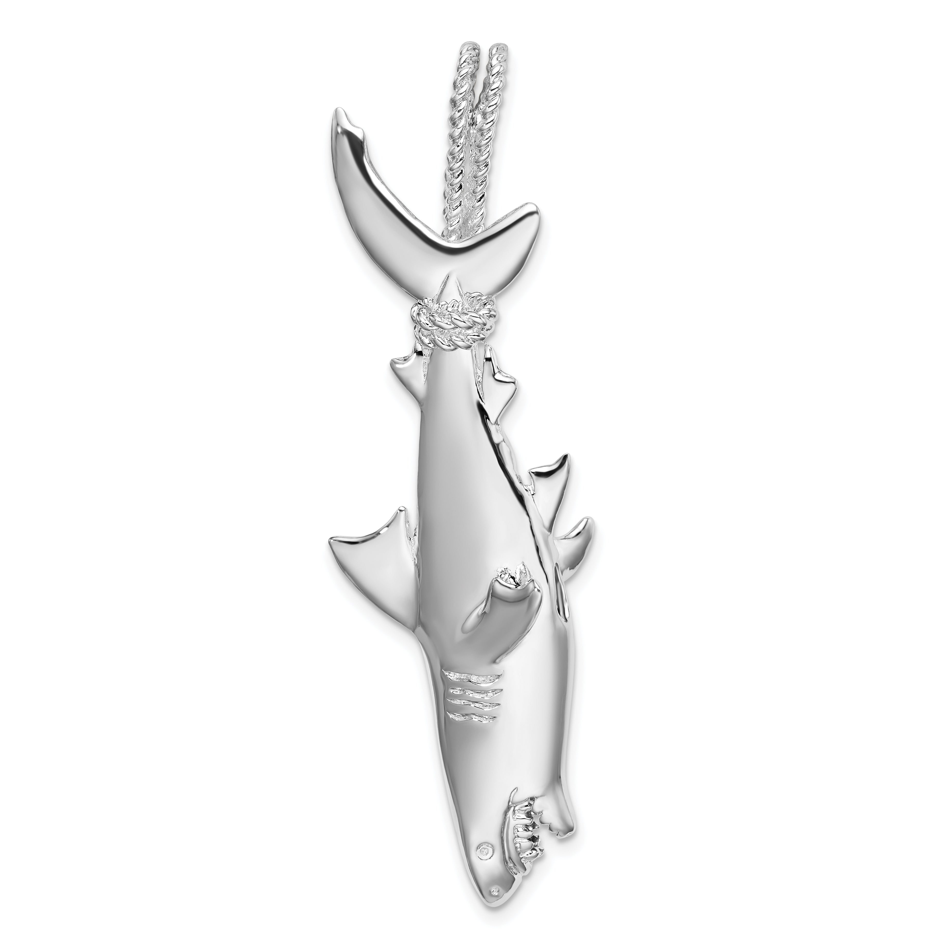 Sterling Silver De-Ani Rhodium-Plated Polished 3D Shark Hanging From Rope Pendant