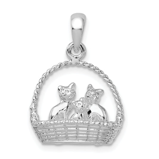 Sterling Silver De-Ani Rhodium-Plated Polished 3D Kittens In Basket Pendant