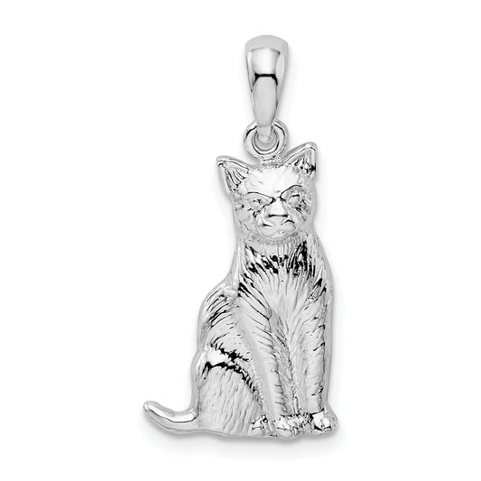 Sterling Silver De-Ani Rhodium-Plated Textured Sitting Cat Pendant