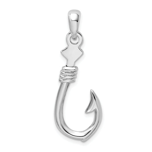 Sterling Silver De-Ani Rhodium-Plated Polished 3D Large Fish Hook With Rope Pendant