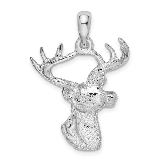 Sterling Silver De-Ani Rhodium-Plated 6-Point Buck Deer Head Profile Pendant
