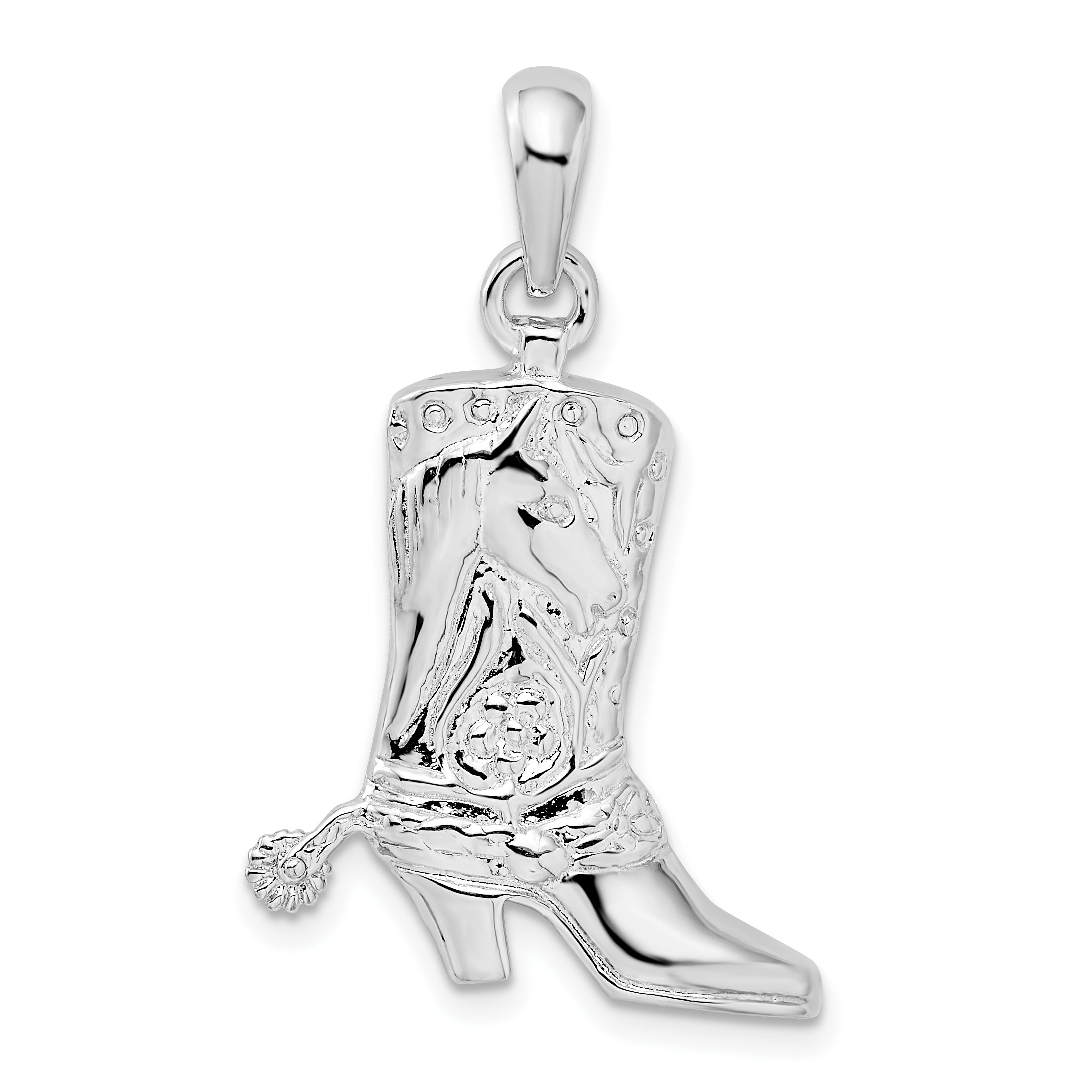 Sterling Silver De-Ani Rhodium-Plated Polished 3D Cowboy Boot With Spur Pendant