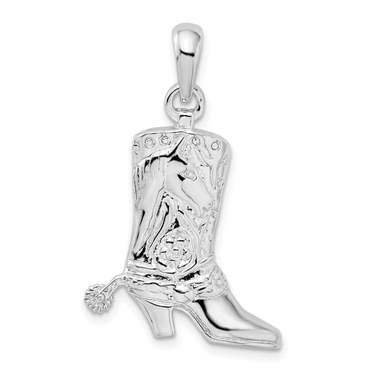 Sterling Silver De-Ani Rhodium-Plated Polished 3D Cowboy Boot With Spur Pendant
