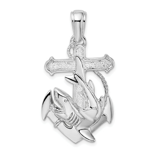 Sterling Silver De-Ani Rhodium-Plated Polished Anchor With Shark Pendant