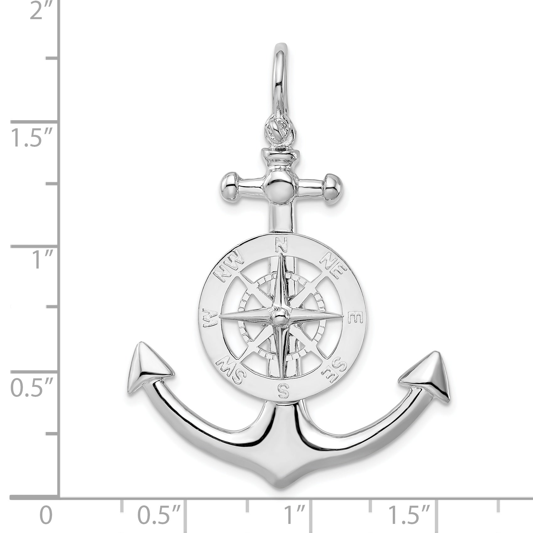 Sterling Silver De-Ani Rhodium-Plated Polished 3D Large Anchor With Compass Pendant