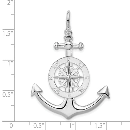 Sterling Silver De-Ani Rhodium-Plated Polished 3D Large Anchor With Compass Pendant