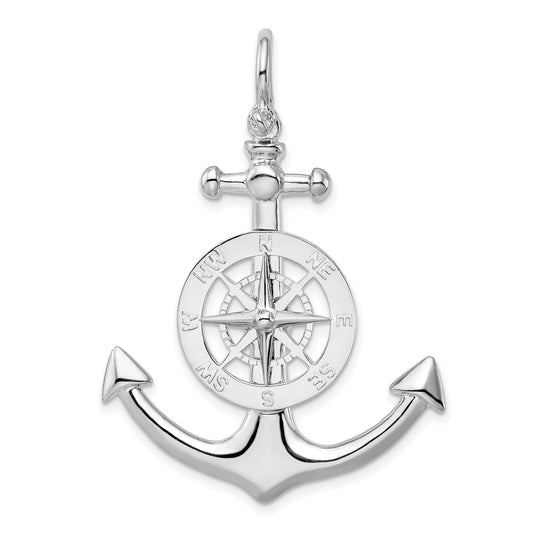 Sterling Silver De-Ani Rhodium-Plated Polished 3D Large Anchor With Compass Pendant