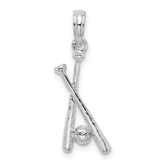 Sterling Silver De-Ani Rhodium-Plated Polished Baseball Bats And Ball Pendant
