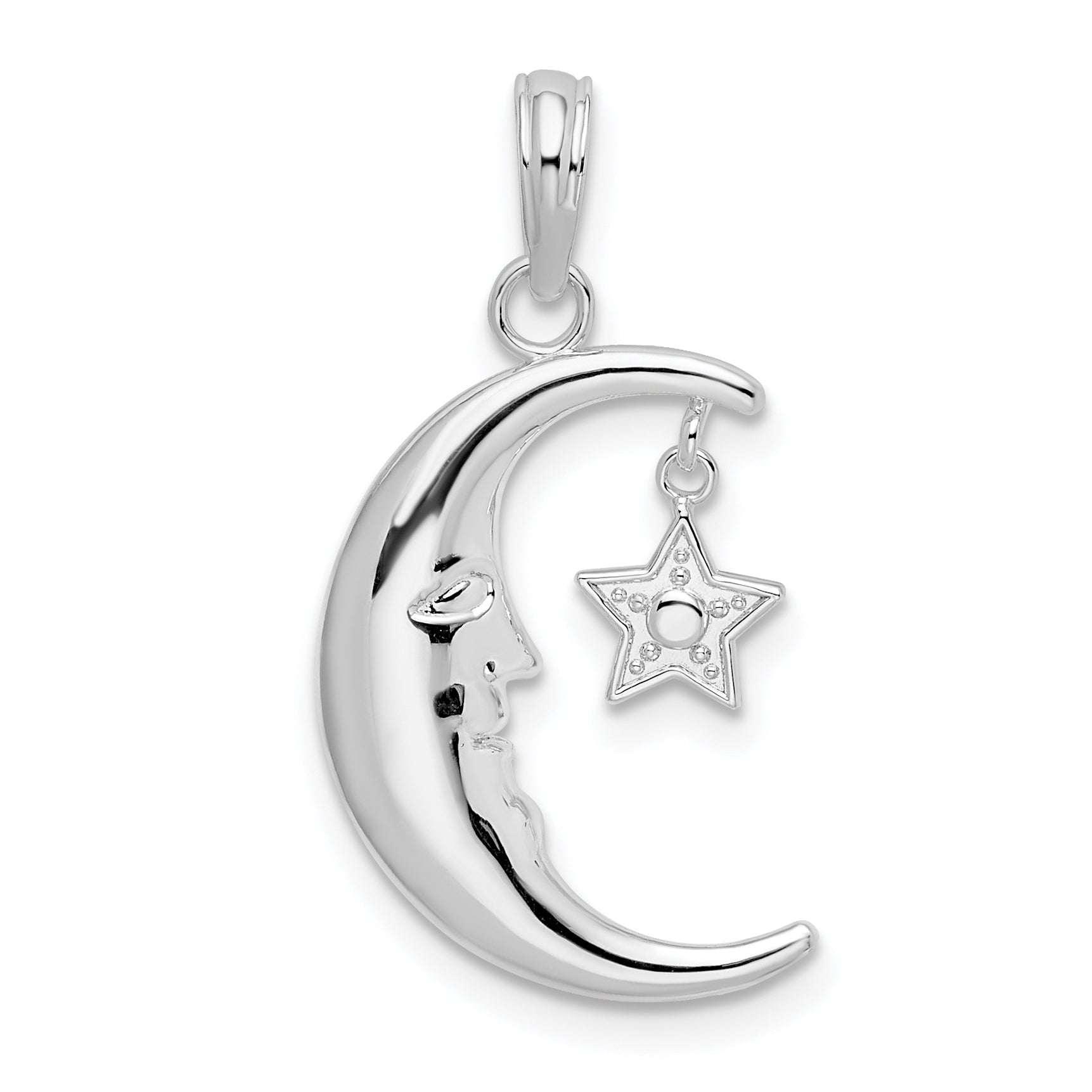 Sterling Silver De-Ani Rhodium-Plated Moveable Polished Crescent Moon With Star Pendant