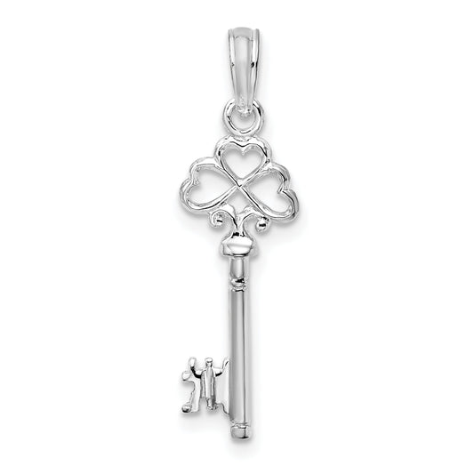 Sterling Silver De-Ani Rhodium-Plated Polished 3D Key With Hearts Top Pendant