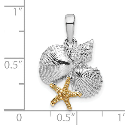 Silver/14K Two-Tone De-Ani Sterling Silver Rhodium-Plated Polished Shells With 14K Starfish Pendant