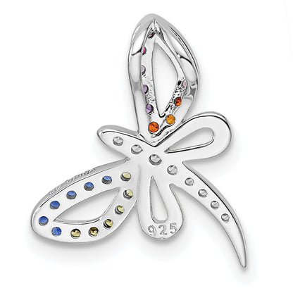 Sterling Silver Rhodium-Plated Multicolor Cz Dragonfly Chain Slide