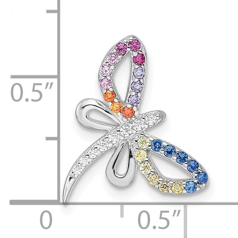 Sterling Silver Rhodium-Plated Multicolor Cz Dragonfly Chain Slide