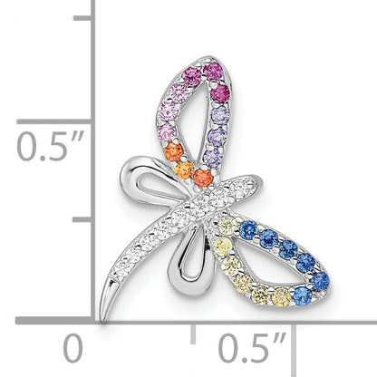Sterling Silver Rhodium-Plated Multicolor Cz Dragonfly Chain Slide