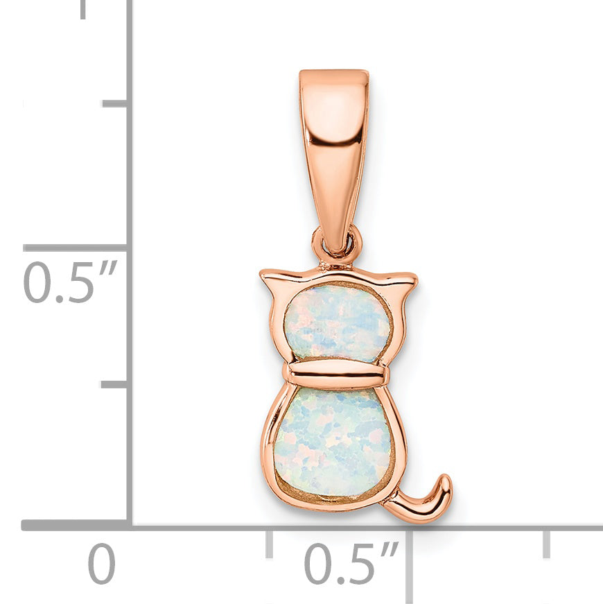 Sterling Silver Rhodium-Plated Rose-Tone White Created Opal Cat Pendant