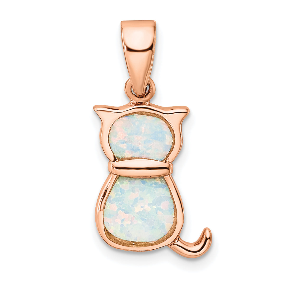 Sterling Silver Rhodium-Plated Rose-Tone White Created Opal Cat Pendant