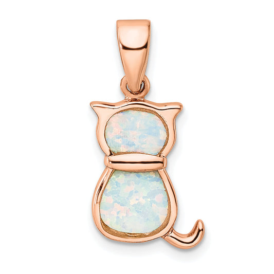 Sterling Silver Rhodium-Plated Rose-Tone White Created Opal Cat Pendant