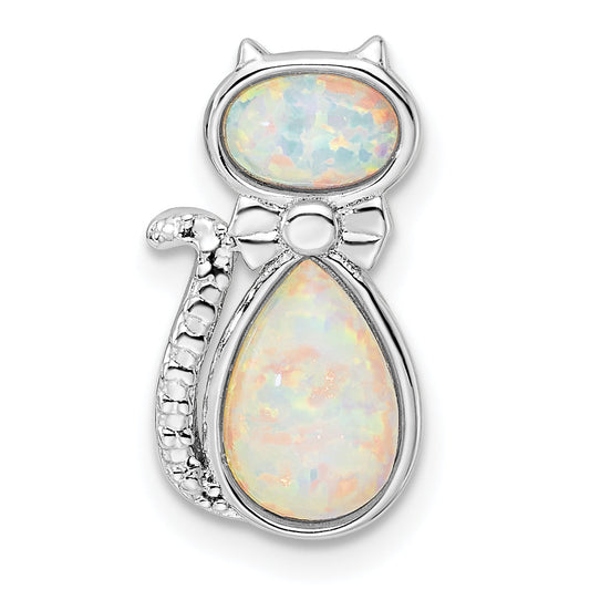 Sterling Silver Rhodium-Plated White Created Opal Cat Chain Slide