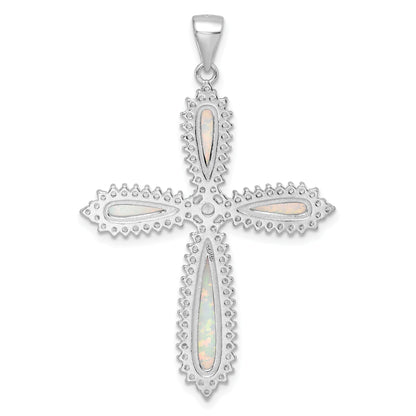 Sterling Silver Rh-Plated White Created Opal & Cz Border Cross Pendant