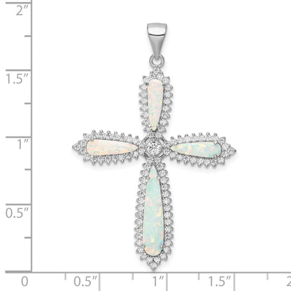 Sterling Silver Rh-Plated White Created Opal & Cz Border Cross Pendant