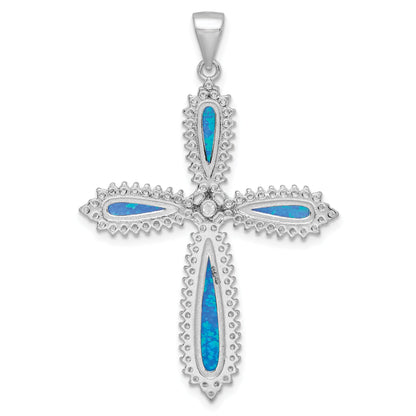 Sterling Silver Rh-Plated Blue Created Opal & Cz Border Cross Pendant